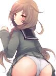  1girl absurdres ass ass_focus black_sailor_collar blush braid cloud_hair_ornament cowboy_shot from_behind good_ass_day grey_jacket grey_skirt highres hirune_(konekonelkk) jacket kantai_collection light_brown_hair long_hair long_sleeves looking_at_viewer looking_back low_twin_braids minegumo_(kancolle) panties plaid red_eyes ribbon sailor_collar sailor_shirt school_uniform serafuku shirt skirt solo twin_braids underwear white_background white_panties winter_uniform 