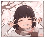  1girl 1ssakawaguchi ahoge black_hair blush bob_cut cherry_blossoms closed_eyes double_v facing_viewer highres original scarf short_hair sleeves_past_wrists smile solo sweater upper_body v 