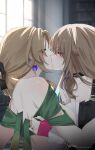  2girls baconontheclock blonde_hair blush breasts choker cocolia_rand earrings hair_ornament highres honkai:_star_rail honkai_(series) jewelry kiss long_hair medium_breasts multicolored_hair multiple_girls serval_landau streaked_hair twitter_username watermark yuri 