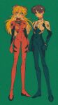  1boy 1girl blue_eyes bodysuit breasts full_body green_background ikari_shinji neon_genesis_evangelion orange_hair pikurusu pilot_suit plugsuit red_bodysuit retro_artstyle simple_background smile souryuu_asuka_langley standing 