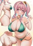  1girl absurdres aqua_hair bikini blush breasts cleavage collarbone completely_nude criss-cross_halter cropped_torso from_side green_bikini groin hachi_(888hachi) hair_intakes halterneck highres hozuki_kaede large_breasts looking_at_viewer multicolored_hair multiple_views navel nipples nude onii-chan_wa_oshimai! pink_eyes pink_hair side_ponytail smile solo_focus stomach suggestive_fluid swimsuit teeth thighs two-tone_hair yellow_background 