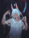  1girl animal_ears bare_shoulders closed_eyes commentary english_commentary flat_chest grey_hair hands_up highres magic_circle moon_phases original pixiescout rabbit_ears rabbit_girl see-through shirt short_hair sidelocks sleeveless smile solo upper_body veil veil_lift white_hair white_shirt 