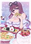  1girl birthday_cake breasts cake crescent_necklace drinking_straw eating food fork highres jewelry large_breasts long_hair looking_at_viewer murasaki_(senran_kagura) necklace pizza purple_eyes purple_hair purple_theme senran_kagura senran_kagura_estival_versus smoothie sushi twitter_username y.o_(chuchu) 
