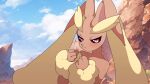 1girl :3 animal_ears animal_nose black_sclera blue_sky blush body_fur brown_fur clenched_hands closed_mouth cloud collarbone colored_sclera commentary_request day english_commentary furry furry_female grapeanime half-closed_eyes hands_up highres looking_at_viewer lopunny mixed-language_commentary outdoors partial_commentary pointy_ears pokemon pokemon_(creature) rabbit_ears rabbit_girl red_eyes sky solo two-tone_fur upper_body yellow_fur 