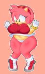  2023 accessory amy_rose anthro belly big_breasts boots bra_through_clothing bracelet breasts clothed clothing clothing_lift dress dress_lift eulipotyphlan female footwear fur gloves green_eyes hair_accessory hairband hammer handwear hedgehog hi_res jewelry mammal navel pink_body pink_fur saiyaman22 sega solo sonic_the_hedgehog_(series) thick_thighs tongue tongue_out tools 