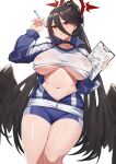  1girl arona&#039;s_sensei_doodle_(blue_archive) black_choker black_hair black_wings blue_archive blue_pants breasts choker collarbone commentary gym_shirt gym_uniform hair_between_eyes halo hasumi_(blue_archive) hasumi_(gym_uniform)_(blue_archive) holding holding_notebook holding_pen huge_breasts jacket long_hair looking_at_viewer mole mole_under_eye navel notebook official_alternate_costume open_clothes open_jacket pants parted_lips pen ponytail red_eyes red_halo sensei_(blue_archive) shirt simple_background solo underboob very_long_hair vococo white_background white_shirt wings 