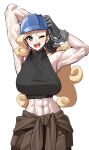  1girl abs armpits arms_behind_head arms_up bare_shoulders biceps black_shirt blonde_hair blue_eyes blush breasts brown_pants gloves grey_gloves hard_hat helmet highres large_breasts long_hair looking_at_viewer midriff muscular muscular_female mx2j navel open_mouth pants pokemon shirt sleeveless sleeveless_shirt smile solo sweat worker_(pokemon) 