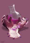  2021 ambiguous_gender artfight artist_logo babanasaur bottle brown_body container digital_media_(artwork) dragon feral hi_res holding_bottle holding_container holding_object logo looking_up lying markings on_back open_mouth purple_background purple_body purple_ears purple_eyes purple_liquid shadow simple_background solo tail teeth white_body wing_claws 