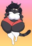  anthro black_body black_hair bottomwear breasts clothing domestic_cat ear_piercing felid feline felis female footwear hair hi_res mammal navel piercing red_eyes shirt shorts socks solo sprigatitoartz tail thick_thighs topwear 