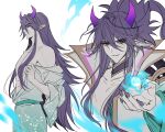  1boy ball bare_shoulders black_hair closed_mouth collarbone cowboy_shot energy fingernails from_side frown highres horns league_of_legends long_hair male_focus multiple_views off_shoulder pin_(done_uop_a) pointy_ears ponytail profile purple_horns purple_nails sharp_fingernails smile spirit_blossom_thresh teeth thresh_(league_of_legends) white_background 