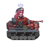  1girl armband black_headwear blue_archive blue_halo commentary einzeilhandery english_commentary full_body grey_eyes halo hat iroha_(blue_archive) jacket long_hair military_hat military_jacket military_vehicle motor_vehicle peaked_cap pixel_art red_armband red_hair simple_background solo tank white_background 