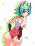  1girl adjusting_clothes adjusting_leotard ass azure_striker_gunvolt bare_shoulders blue_eyes blush breasts cougar_(cougar1404) cowboy_shot from_behind green_hair headgear leotard looking_at_viewer looking_back medium_breasts open_mouth roro_(gunvolt) short_hair sideboob solo wedgie 