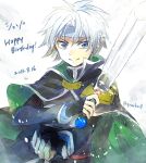  1boy armor black_cape blue_eyes blue_hairband breastplate cape hairband happy_birthday holding holding_sword holding_weapon looking_at_viewer madou_monogatari puyopuyo schezo_wegey simple_background smile solo sword weapon white_background white_hair yoriyomo 