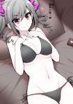  1girl bed_sheet bikini black_bikini blush breasts cleavage clenched_hands condom condom_wrapper drill_hair grey_hair groin hands_on_own_chest heart idolmaster idolmaster_cinderella_girls kanzaki_ranko large_breasts linea_alba looking_at_viewer lying navel on_back pillow red_eyes serebi_ryousangata side-tie_bikini_bottom smile solo swimsuit translation_request twintails 