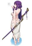  1girl bare_arms bare_back bare_shoulders barefoot capelet chen_yang_yang dress feet fern_(sousou_no_frieren) full_body highres holding holding_staff long_hair looking_at_viewer looking_back mage_staff no_bra no_panties purple_eyes purple_hair sousou_no_frieren staff water white_capelet white_dress 