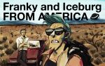  2boys black_pants blue_hair car character_name closed_mouth crossed_arms english_text facial_hair franky_(one_piece) iceburg male_focus motch225 motor_vehicle mountain multiple_boys one_piece outdoors pants shirt short_hair sideburns spiked_hair sunglasses teeth united_states white_shirt 