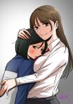  2girls beautiful_gunbari black_eyes black_hair blush breasts brown_eyes brown_hair gradient_background hug jelani_(pixiv_81741710) jung_su-a medium_breasts multiple_girls necktie red_necktie shirt short_hair simple_background smile standing white_shirt woo_jiyoung 