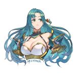  1girl aqua_hair armor artist_name bare_shoulders braid breastplate breasts chloe_(fire_emblem) cleavage commentary cropped_torso earrings fire_emblem fire_emblem_engage green_eyes jewelry large_breasts long_hair looking_to_the_side meziosaur pauldrons shoulder_armor simple_background single_braid solo upper_body very_long_hair white_background 