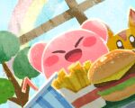  animal_ears awoofy blush_stickers burger colored_skin commentary_request cup disposable_cup food french_fries kirby kirby_(series) kirby_and_the_forgotten_land miclot no_humans pink_skin smile solid_oval_eyes window 
