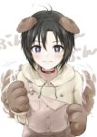  1girl animal_collar animal_ears animal_hands antenna_hair bangs black_eyes black_hair blush brown_background brown_gloves brown_hoodie brown_overalls choker claws closed_mouth collar commentary dog_ears dog_tail drawstring excited gloves hair_between_eyes hood hood_down hoodie idolmaster idolmaster_(classic) kikuchi_makoto light_smile looking_at_viewer mogskg motion_blur motion_lines overalls paw_gloves paw_print red_choker short_hair smile solo sparkling_eyes strap_slip tail tail_wagging upper_body very_short_hair white_background 