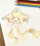  1other black_eyes blue_eyes colored_pencil_(medium) colored_skin commentary_request full_body happy highres jirachi multicolored_eyes open_mouth other_focus outstretched_arms pencil photo_(medium) pokemon pokemon_(creature) simple_background sketch smile solo spread_arms tensaitou_tou traditional_media white_background white_skin 