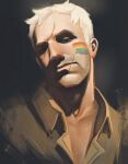  1boy bara beard_stubble brown_shirt collared_shirt facepaint head_tilt highres jinhallz lgbt_pride looking_at_viewer male_focus mustache_stubble overwatch rainbow_flag_tattoo receding_hairline scar scar_on_face scar_on_forehead scar_on_mouth shirt short_hair soldier:_76_(overwatch) solo spotlight topless_male 