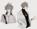  1boy ahoge alhaitham_(genshin_impact) aqua_eyes aqua_hair black_bracelet black_shirt closed_mouth coat coffee_mug cup earbuds earphones genshin_impact gold_necklace grey_hair hair_over_one_eye hand_in_pocket headphones highres holding holding_cup jewelry lab_coat male_focus mug multicolored_hair necklace one_eye_covered open_clothes open_coat sen8hk shirt short_hair solo turtleneck white_coat 