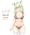  1girl animal_print antlers bikini blush bow branch breasts ceres_fauna cleavage cow_print cow_print_bikini english_commentary feather_hair_ornament feathers glasses green_hair hair_bow hair_ornament hair_over_shoulder highres hololive hololive_english large_breasts long_hair looking_at_viewer ma_draws meme mole mole_under_eye navel print_bikini smile solo swimsuit thighhighs twitter_strip_game_(meme) virtual_youtuber white_thighhighs yellow_eyes 