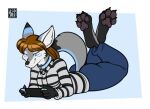  anthro blue_markings bottomwear brown_body brown_fur canid canine canis cheek_tuft clothing collar denim denim_bottomwear denim_clothing facial_tuft feet_up female freckles_(artist) fur grey_body grey_fur grey_pawpads half-closed_eyes hoodie jeans mammal markings narrowed_eyes nintendo nintendo_switch pants pawpads paws simple_background smile solo topwear tuft white_body white_fur wolf 