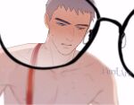  1boy blue_eyes blue_hair blush collarbone ddjuner glasses here_u_are hickey li_huan male_focus open_mouth pov ribbon short_hair teeth topless_male upper_body upper_teeth_only white_background yaoi 