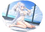  1girl arms_behind_head arms_up bare_legs barefoot bed breasts bright_pupils choker cleavage closers cloud day drawstring dutch_angle feet flower front-tie_top hair_between_eyes highres large_breasts legs light_rays long_hair looking_at_viewer mirae_(closers) navel non-web_source ocean official_art on_bed parted_lips pillow red_eyes robe short_shorts shorts sitting skindentation solo stomach sunbeam sunlight thigh_strap thighs toenails toes very_long_hair wariza white_choker white_flower white_hair white_robe white_shorts wide_sleeves window wristband 