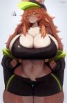  anthro belly_tuft big_breasts breasts canid canine canis clothed clothing female female_anthro fur green_eyes hair hat headgear headwear hi_res huge_breasts kemono mammal omeki ookami-chan_(suurin_2) orange_body orange_fur simple_background solo thick_thighs tuft white_background wide_hips wolf 