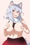  1girl animal_ear_fluff animal_ears betei breasts chocolate chocolate_on_body chocolate_on_breasts covering_nipples food_on_body gradient_background grey_hair hair_between_eyes highres huge_breasts inubashiri_momiji looking_at_viewer open_mouth pink_background red_skirt short_hair simple_background skirt smile solo tail thick_eyebrows touhou wolf_ears wolf_girl wolf_tail 