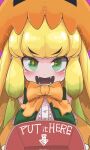  +_+ bare_shoulders blonde_hair blunt_bangs blush bow bowtie box center_frills fangs frills gradient_hair green_eyes green_hair green_vest highres jack-o&#039;-lantern_(kemono_friends) kemono_friends kemono_friends_3 long_hair looking_at_viewer multicolored_hair onaji_(sokudo_seigen) open_mouth orange_bow orange_bowtie pumpkin_hat shirt sidelocks smile vest white_shirt 