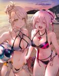  2girls armpits beach bikini black_bikini blonde_hair blush breasts carrying carrying_under_arm cleavage closed_eyes closed_mouth cloud cloudy_sky commentary cowboy_shot expressionless giselle_(idola) grey_bikini hair_between_eyes hair_bun hair_ornament hair_ribbon heart heart_necklace highres idola_phantasy_star_saga jewelry leaning_forward looking_at_viewer medium_breasts medium_hair multiple_girls navel necklace ocean okuyama outdoors pink_hair ponytail red_ribbon ribbon short_hair sidelocks sky smile standing star_(symbol) star_hair_ornament stomach sunset swept_bangs swimsuit the_warrior_(idola) yellow_eyes 