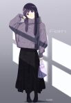  1girl adjusting_hair artist_name black_skirt contemporary dated fern_(sousou_no_frieren) grey_background highres long_skirt nii_manabu purple_eyes purple_hair purple_sweater reflection skirt solo sousou_no_frieren sweater 