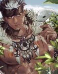  1boy bara black_hair brown_headband closed_mouth dark-skinned_male dark_skin earrings facial_hair feather_necklace feathers headband highres jewelry large_pectorals male_focus muscular muscular_male nanaisan_(713) necklace pectorals short_hair snake solo tangaroa_(housamo) tokyo_afterschool_summoners tooth_necklace tribal upper_body white_hair white_snake 