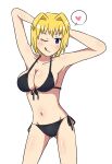  1girl ;p armpits arms_up ass_visible_through_thighs bikini black_bikini blonde_hair blue_eyes blush breasts cheris_(kojiro_(kojiro_twice)) cleavage front-tie_bikini_top front-tie_top hands_on_own_head heart highres kojiro_(kojiro_twice) looking_at_viewer navel one_eye_closed original side-tie_bikini_bottom simple_background smile solo speech_bubble standing swimsuit tongue tongue_out white_background 