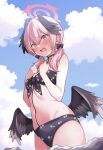  1girl a.p._retriever angel_wings bare_arms bare_shoulders bikini black_bikini black_bow black_wings blue_archive blush bow breasts cowboy_shot double-parted_bangs feathered_wings floral_print front-tie_bikini_top front-tie_top hair_bow halo head_wings highres koharu_(blue_archive) koharu_(swimsuit)_(blue_archive) long_hair looking_at_viewer low_twintails low_wings navel official_alternate_costume open_mouth pink_eyes pink_hair pink_halo print_bikini red_halo revision simple_background small_breasts solo stomach sweat swimsuit twintails wings 