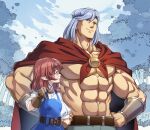  1boy 1girl belt blue_eyes blue_hair cape gloves hand_on_own_hip helck helck_(character) long_hair looking_at_another muscular muscular_male no_shirt nyoro_(nyoronyoro000) open_mouth pointy_ears red_hair vamirio yellow_eyes 