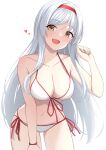  1girl akahi242 bare_arms bare_legs bare_shoulders bikini blush breasts cleavage collarbone cowboy_shot headband heart highres kantai_collection large_breasts long_hair open_mouth red_headband shoukaku_(kancolle) simple_background smile solo swimsuit white_background white_bikini white_hair yellow_eyes 