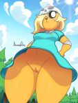  absurd_res adventure_time anthro blonde_hair canid canine canis cartoon_network clothed clothing domestic_dog dress female genitals hair hair_over_eye hi_res jhenightfox mammal no_underwear one_eye_obstructed pussy solo thick_thighs 