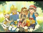  2boys 2girls :d absurdres ahoge anniversary ash_ketchum bag blonde_hair blue_eyes blue_vest bonnie_(pokemon) bracelet brown_shirt clemont_(pokemon) commentary_request day dedenne earrings fingerless_gloves glasses gloves grin hat highres jewelry ketchup_bottle looking_at_viewer multiple_boys multiple_girls open_clothes open_mouth open_vest outdoors pikachu pink_footwear podayo_po pokemon pokemon_(anime) pokemon_(creature) pokemon_journeys pokemon_on_leg red_headwear round_eyewear serena_(pokemon) shirt shoes short_sleeves shorts sitting skirt sleeveless sleeveless_shirt smile sweater_vest t-shirt teeth thighhighs tongue upper_teeth_only vest white_skirt 