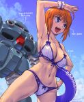  1girl amania_orz bikini blue_eyes blue_sky breasts day gundam gundam_zz innertube looking_at_viewer mecha medium_breasts navel open_mouth orange_hair outdoors puru_seven robot skindentation sky smile solo_focus standing swimsuit z&#039;gok-e 