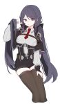  1girl ban_mumani black_bow black_capelet black_shorts black_survival bow braid brown_thighhighs capelet collared_shirt hair_bow high-waist_shorts highres hyejin_(black_survival) long_hair looking_at_viewer necktie purple_eyes purple_hair red_necktie shirt short_necktie shorts simple_background solo thighhighs very_long_hair white_background white_shirt 