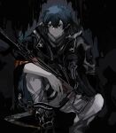  1boy arknights black_coat black_footwear blue_eyes blue_hair boots chinese_commentary coat commentary crossbow crossed_bangs dark_background dim_lighting faust_(arknights) holding holding_crossbow holding_weapon liubeikucha looking_to_the_side male_focus pants pointy_ears scales scope short_hair sitting snake_boy snake_tail solo tactical_clothes tail weapon white_pants 