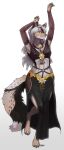 barefoot belly_dancer black_clothing canid canine canis claws clothed clothing feet female fur gold_(metal) green_eyes hair hi_res jackal mammal on_one_leg pgm300 side-striped_jackal silver_hair smile solo standing white_body white_fur 