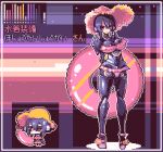  1girl bikini black_hair brown_eyes character_request clothed_robot flower_ornament frilled_bikini frills full_body futaba_channel hat holding holding_innertube humanoid_robot innertube joints lowres mechanical_arms mechanical_legs nijiura_maids pink_bikini pink_innertube pixel_art robot robot_girl robot_joints short_hair sprite standing straw_hat swimsuit uramoto_kouji 