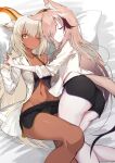  2girls animal_ear_fluff animal_ears arknights armpit_crease ass bare_shoulders beeswax_(arknights) black_shorts blush brown_hair brown_tail cardigan_(arknights) closed_eyes closed_mouth collarbone commentary_request commission dark-skinned_female dark_skin dolphin_shorts feet_out_of_frame fox_ears fox_girl fox_tail goat_ears goat_girl goat_horns grey_hair groin hair_between_eyes hair_over_one_eye head_on_pillow highres holding_hands horns interlocked_fingers jacket lingerie long_hair long_sleeves lying multiple_girls navel on_back on_side one_eye_closed one_eye_covered open_clothes open_jacket orange_horns parted_lips pillow shirt short_shorts shorts skeb_commission sleeves_pushed_up smile split_mouth tail underbutt underwear very_long_hair white_jacket white_shirt yellow_eyes yonagi_white 