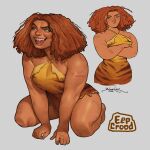  1girl absurdres animal_skin_dress blanclauz cavewoman character_name crossed_arms eep_crood grey_background highres kneeling long_hair messy_hair multiple_views open_mouth orange_hair signature simple_background teeth the_croods 